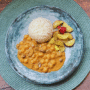 Estrogonofe de grão de bico com arroz e batata doce rústica