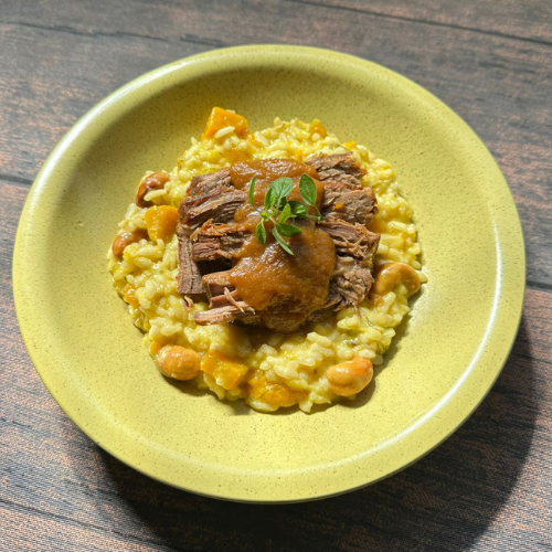 Maminha à moda da casa com risoto de abóbora