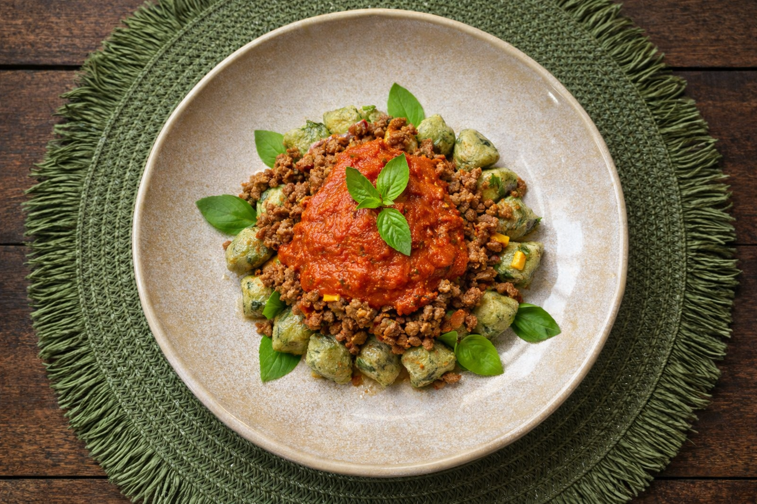 Nhoque de mandioca e espinafre à bolonhesa