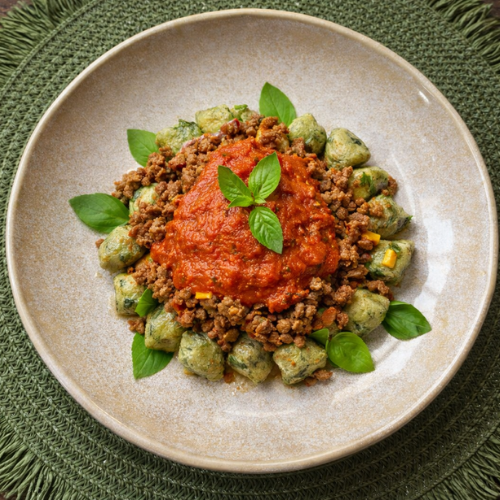 Nhoque de mandioca e espinafre à bolonhesa