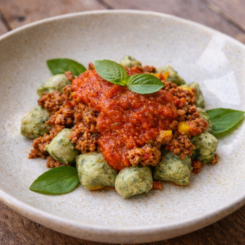 Nhoque de espinafre à bolonhesa